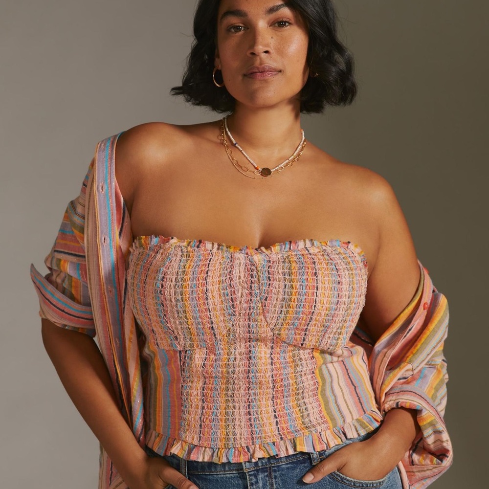 ✨ Anthropologie Rainbow Smocked Top Sz L - Picture 6 of 10